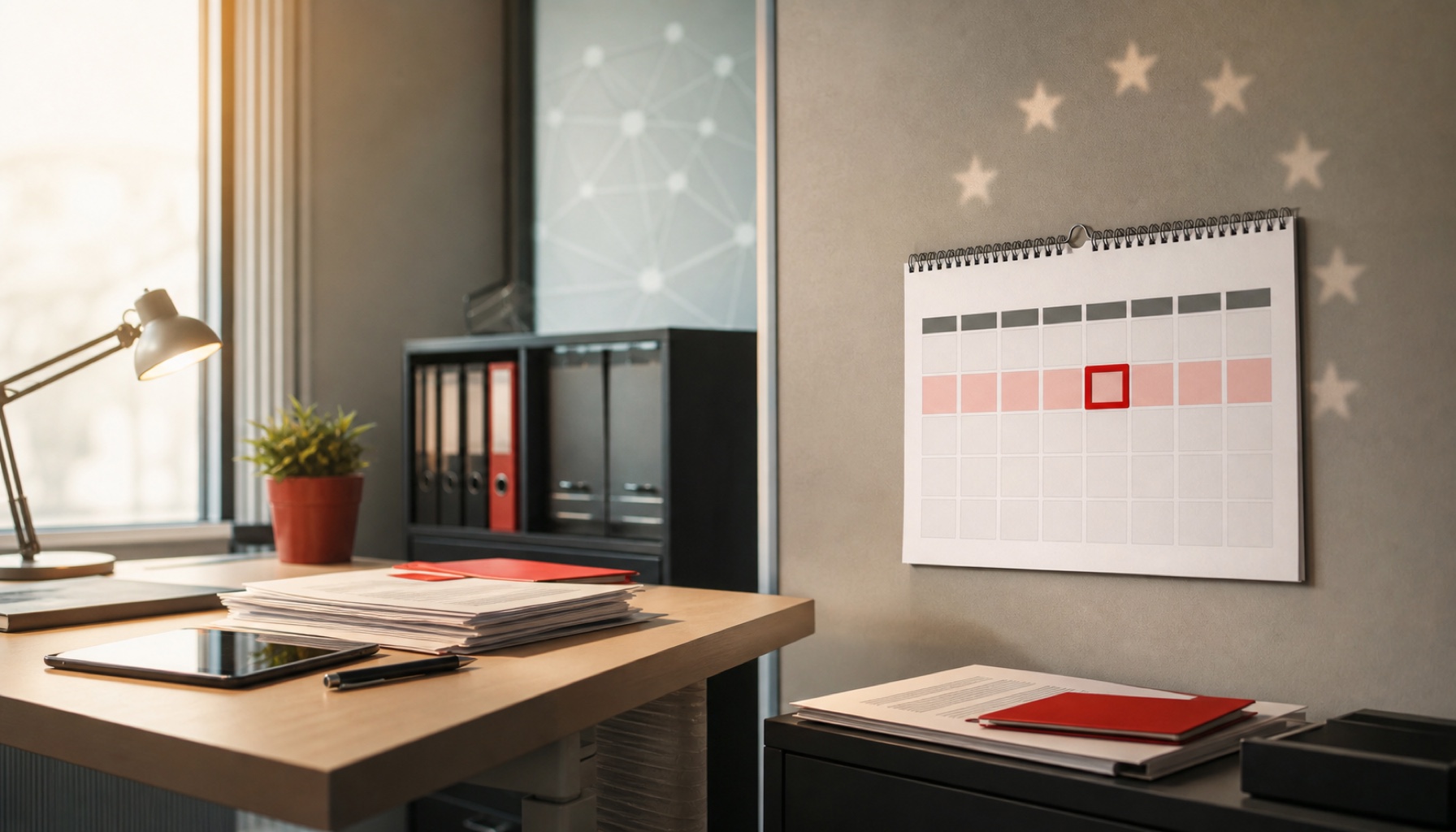 EU AI Act und KI-Kompetenzpflicht: ein Wandkalender mit einem rot markierten Stichtag im Februar als zentrales Motiv, ein Kreis aus zwoelf europaeischen Sternen subtil im Hintergrund angedeutet, kuens