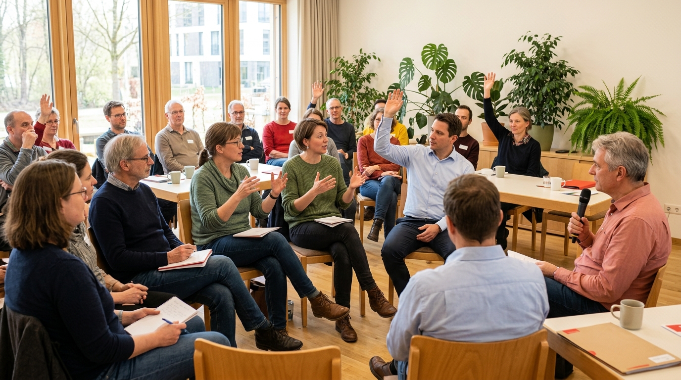 Buergerdialog mit etwa zwanzig Teilnehmenden in einem hellen Raum, mehrere heben die Hand, ein Moderator mit Mikrofon rechts