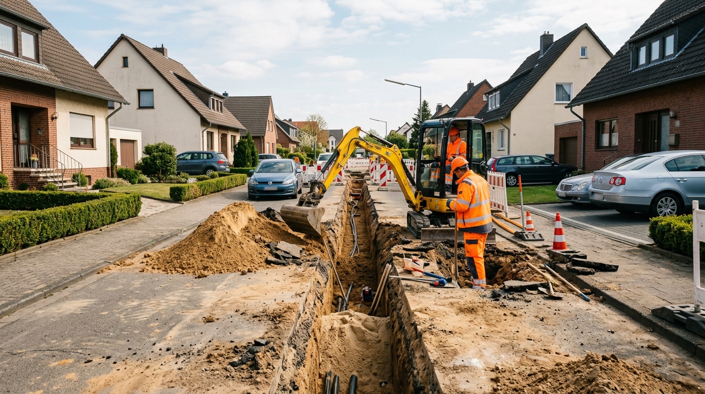 Glasfaser-Verlegung in einer deutschen Wohnstrasse mit Bauarbeitern und Mini-Bagger