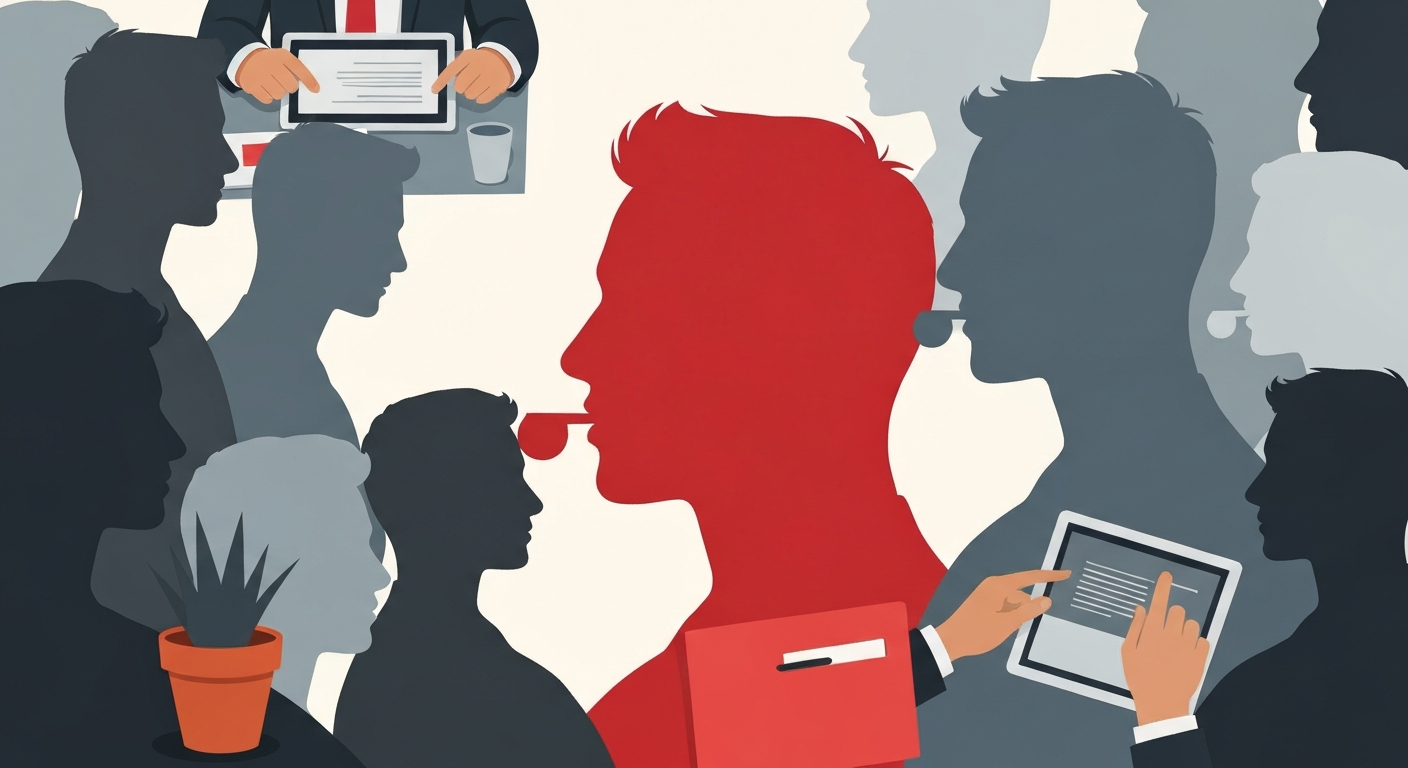 Flat-Illustration: rote Profil-Silhouette mit Trillerpfeife, umgeben von grauen Silhouetten als Symbolbild für Whistleblower im Mittelstand