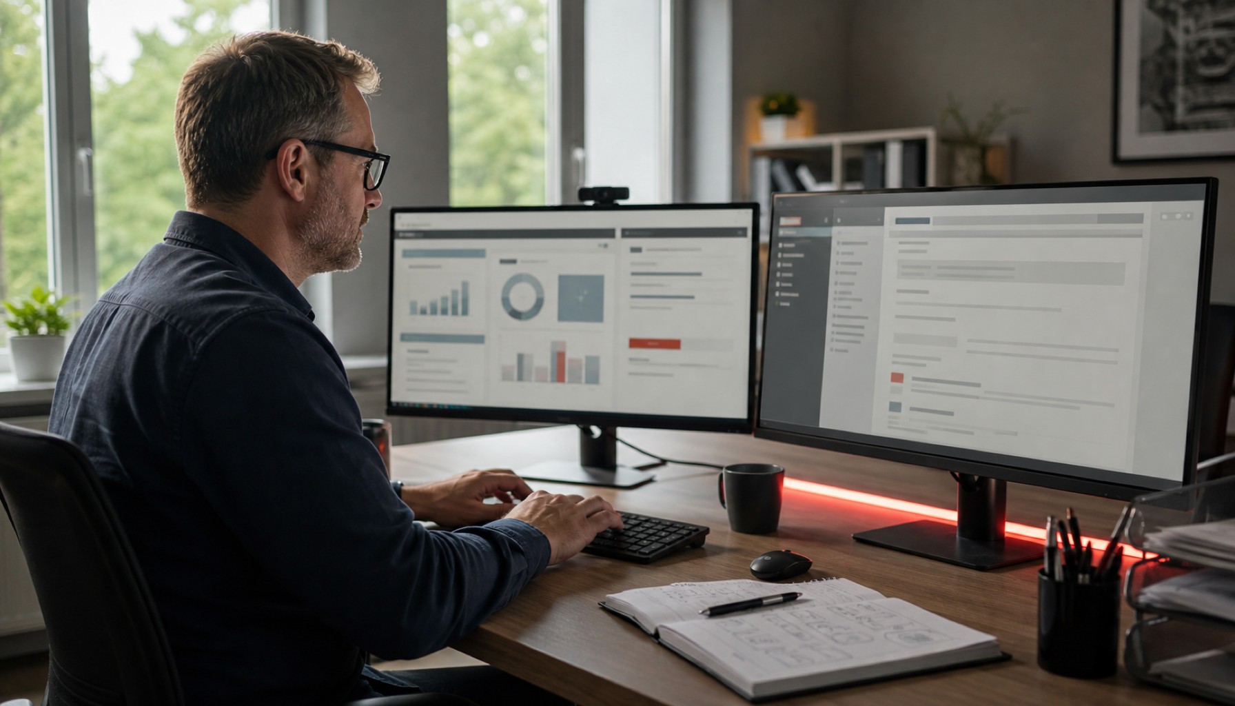 Mann sitzt am Schreibtisch vor zwei Monitoren mit Dashboard und E-Mail-Ansicht, daneben Notizbuch.
