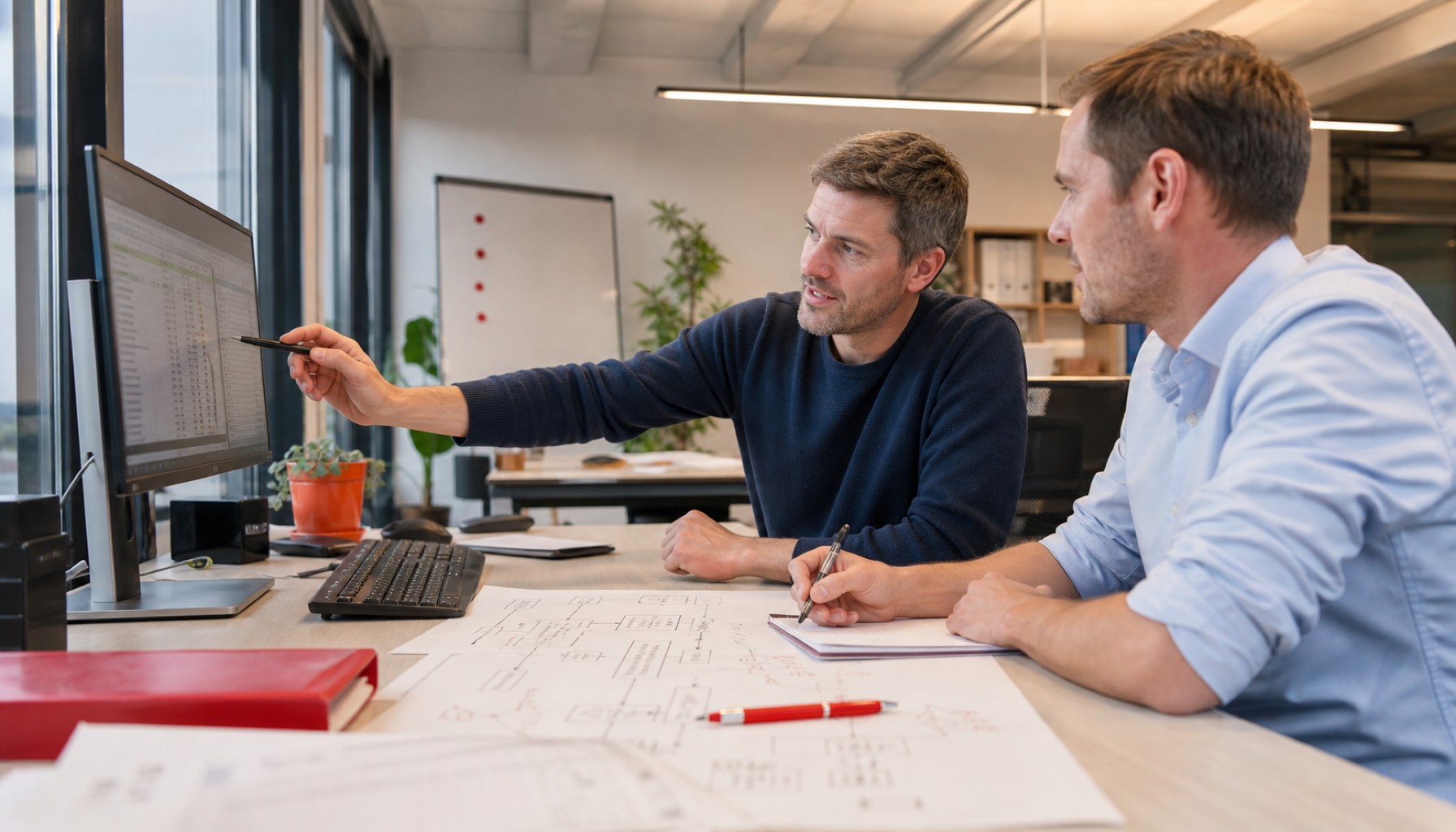 Zwei Männer besprechen im Büro Tabellen am Monitor, mit Notizen und Prozessskizzen auf dem Tisch.