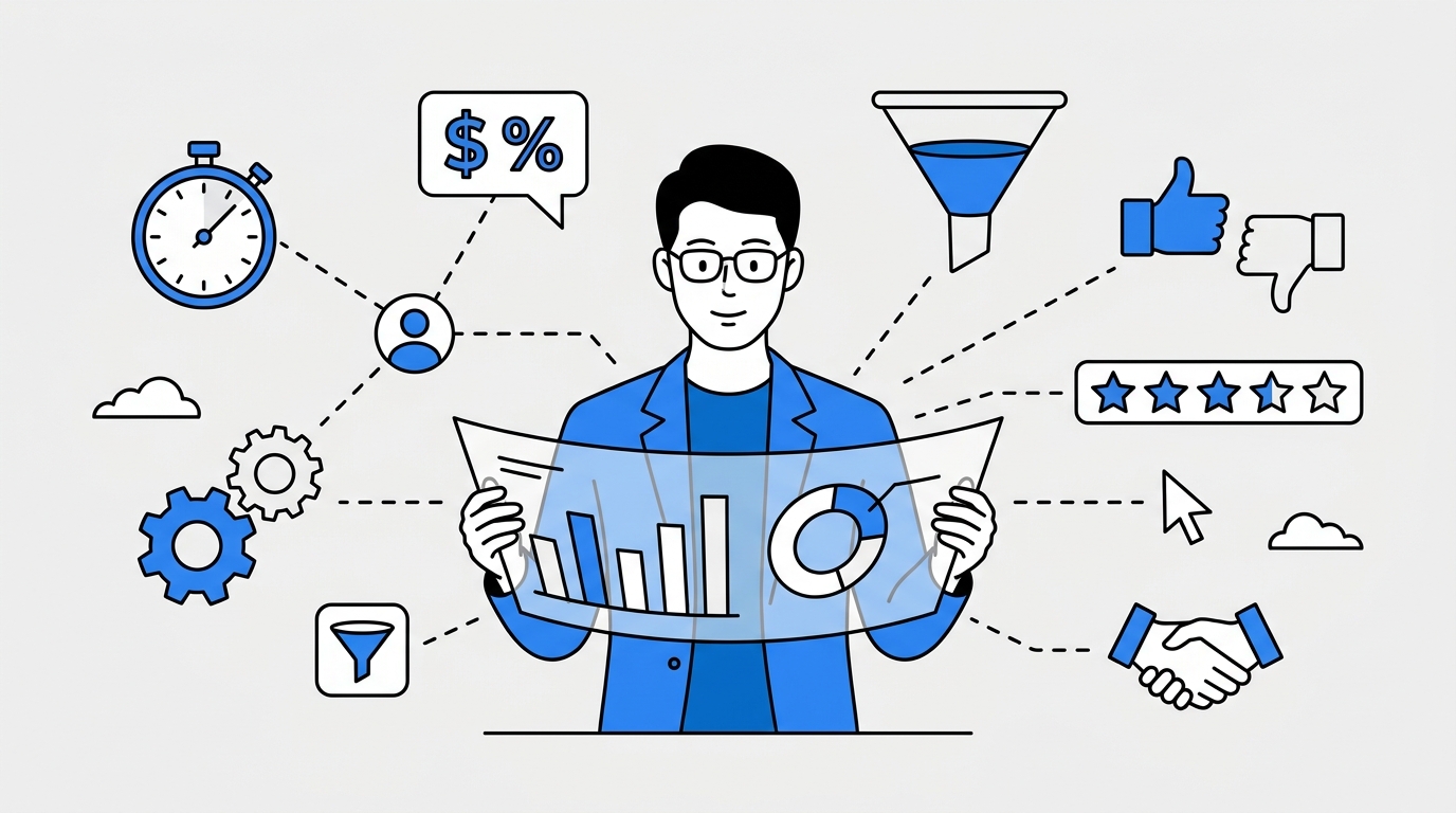 RevOps-Workflow Flat-Illustration. Zentral steht eine Person Mitte 30 mit Brille und blauem Sakko, hält ein aufgefächertes Dashboard mit Chart-Bars und Donut-Diagramm in den Händen. Drumherum auf gest