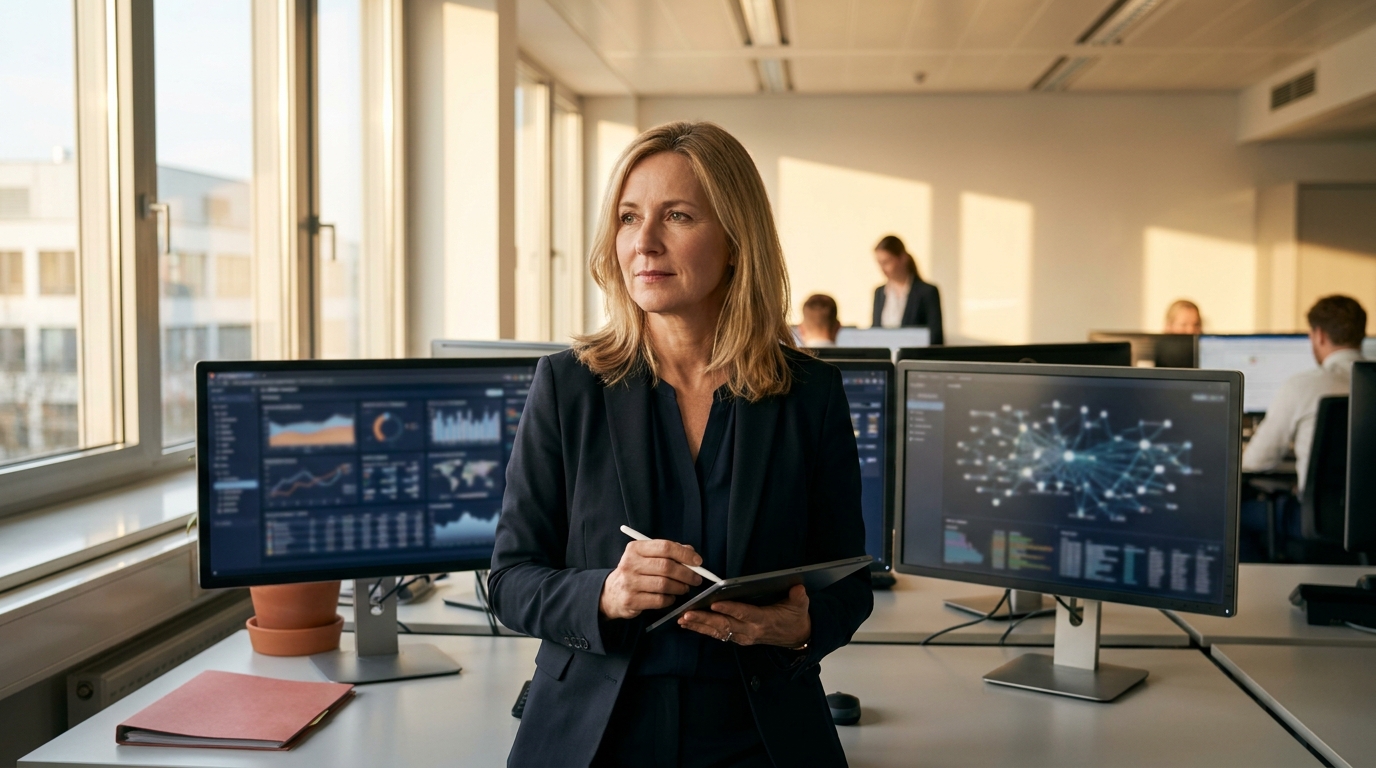 KI-generierte Szene: eine IT- und Compliance-Verantwortliche in einer Bank vor Daten-Dashboards, Sinnbild für Datengovernance im Finanzsektor.