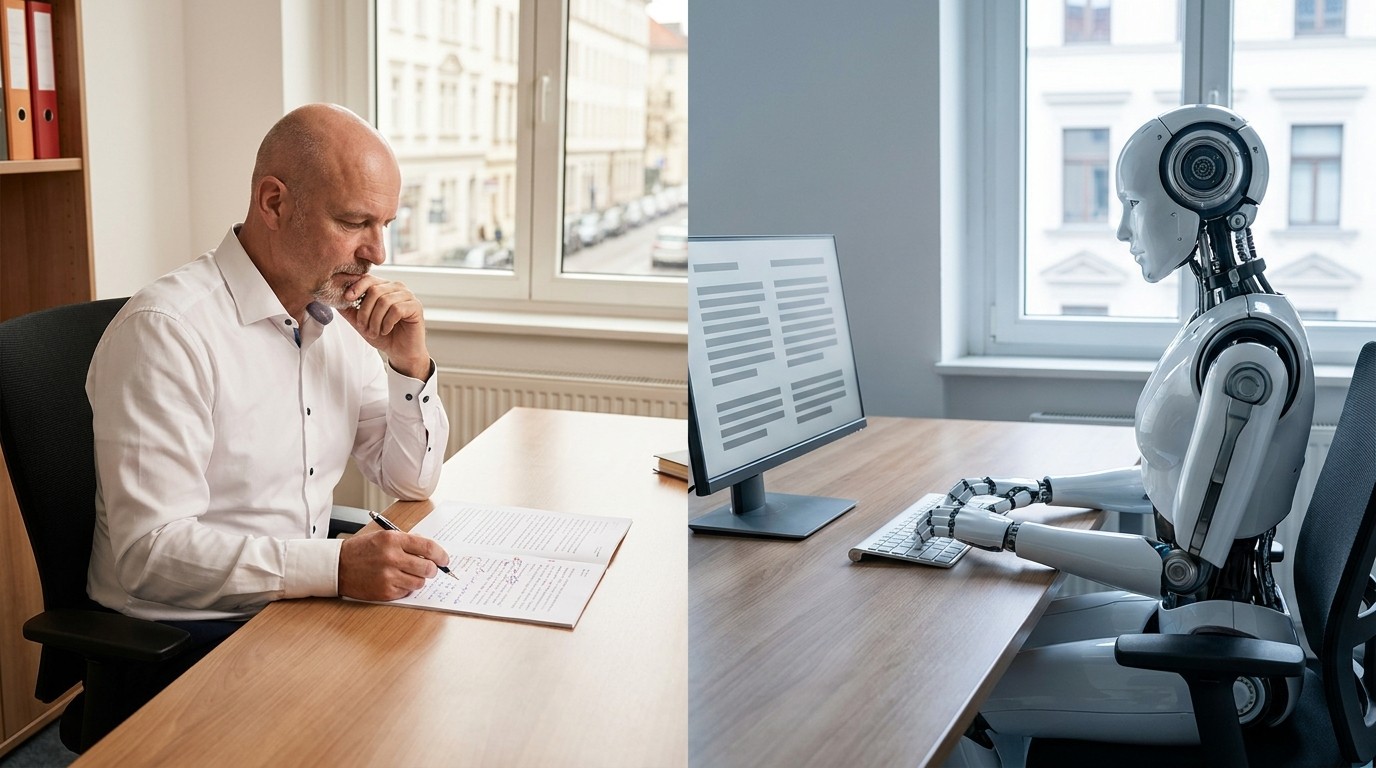 KI-generiertes Beitragsbild: Werbetexter beim handschriftlichen Redigieren neben einem Roboter, der uniformen Text tippt