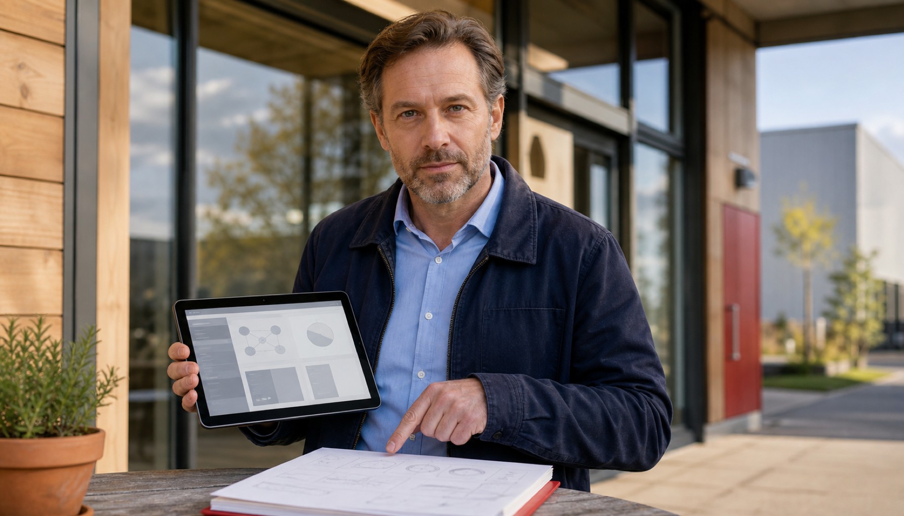 Mann vor modernem Firmengebäude hält ein Tablet und zeigt auf Unterlagen auf einem Tisch.