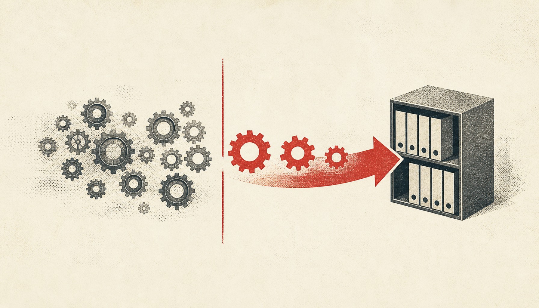 Illustration mit vielen Zahnrädern links, roten Zahnrädern auf Pfeil nach rechts und Aktenregal