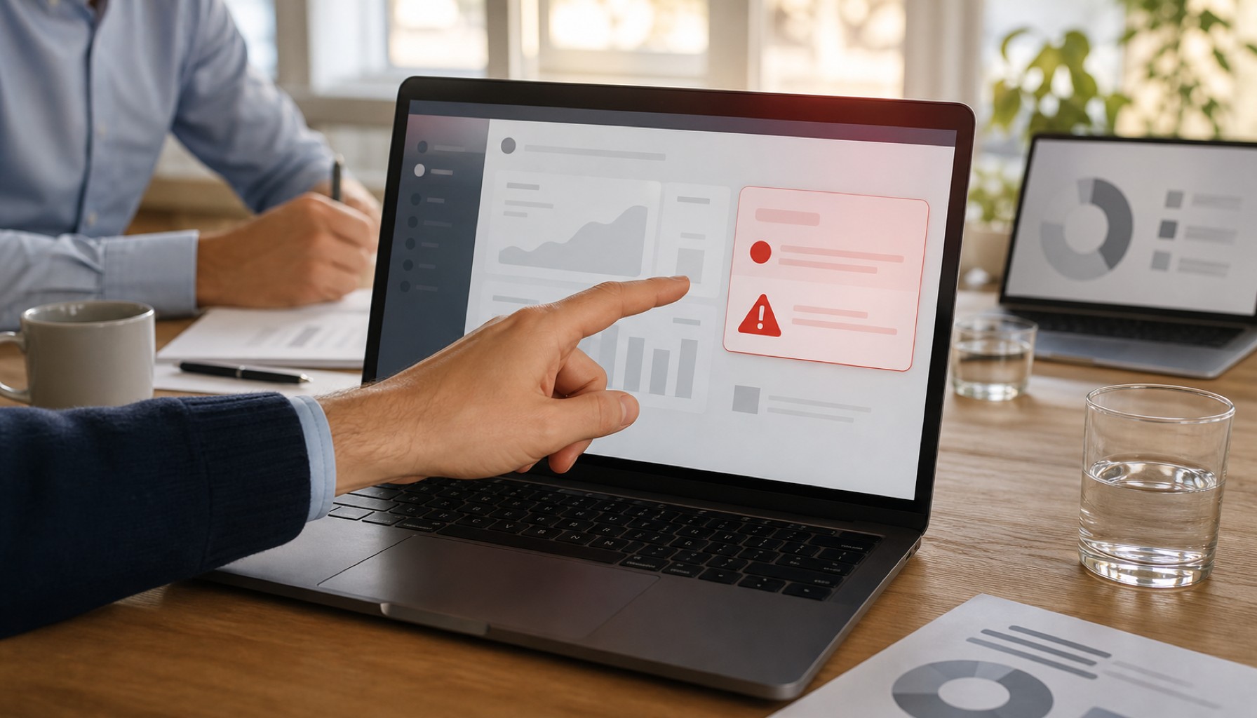 Hand zeigt auf roten Warnhinweis auf Laptopbildschirm in einem Büro mit Diagrammen und Unterlagen.