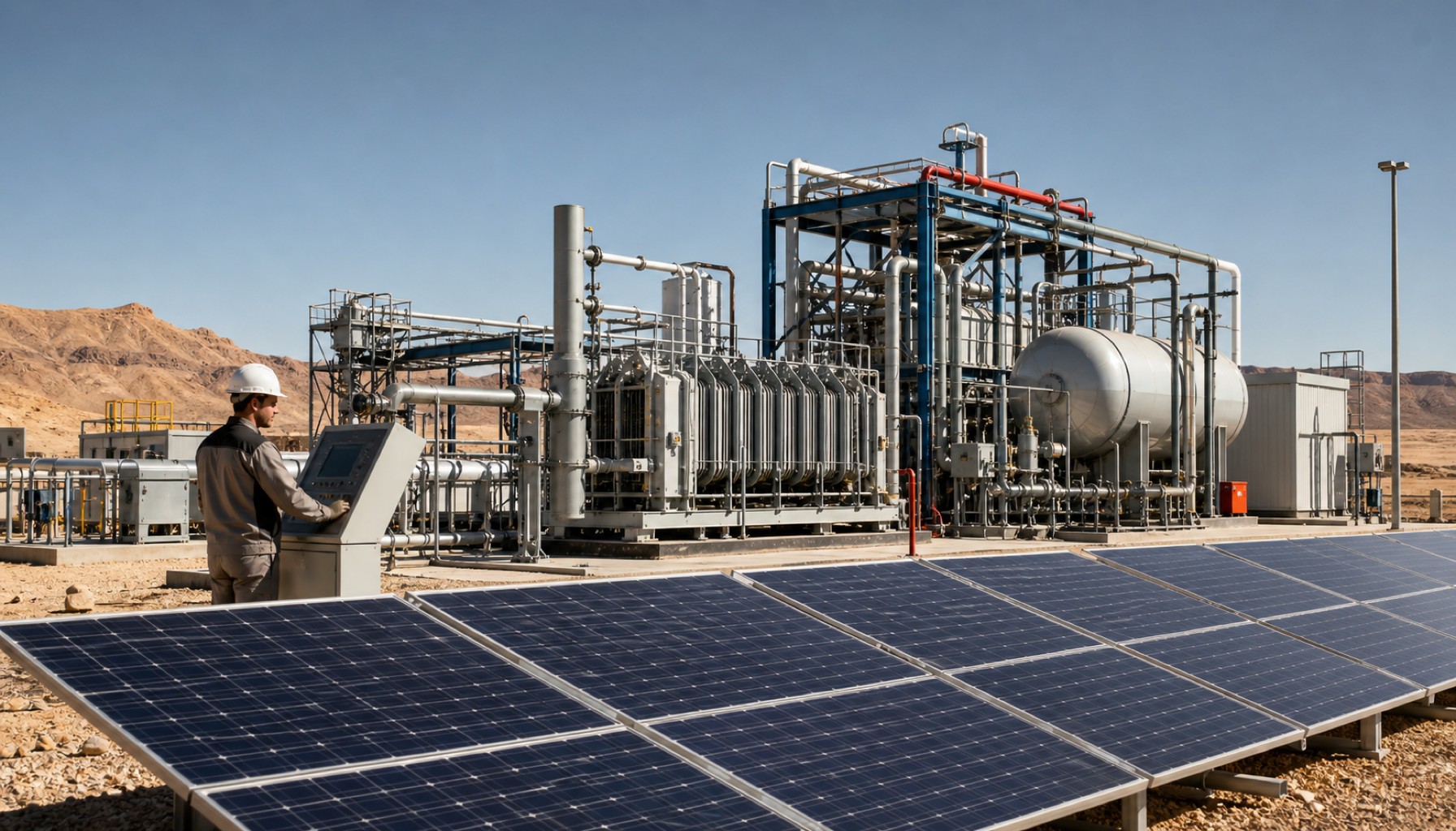 Solarmodule vor einer Industrieanlage in einer Wüstenlandschaft, ein Arbeiter steht an einem Bedienpult.