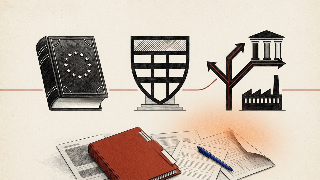 Illustration mit EU-Buch, Schild, Verzweigung zu Säulengebäude und Fabrik sowie Akten.