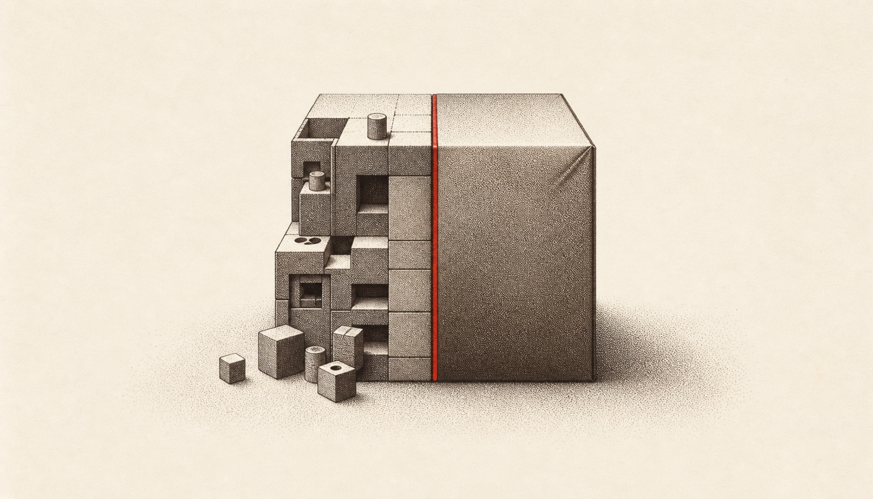 Editorial-Illustration: ein würfelförmiges Modul, dessen linke Hälfte aus einzelnen Bausteinen selbst zusammengesetzt ist und dessen rechte Hälfte ein fertig versiegeltes Kaufpaket bildet - Sinnbild f