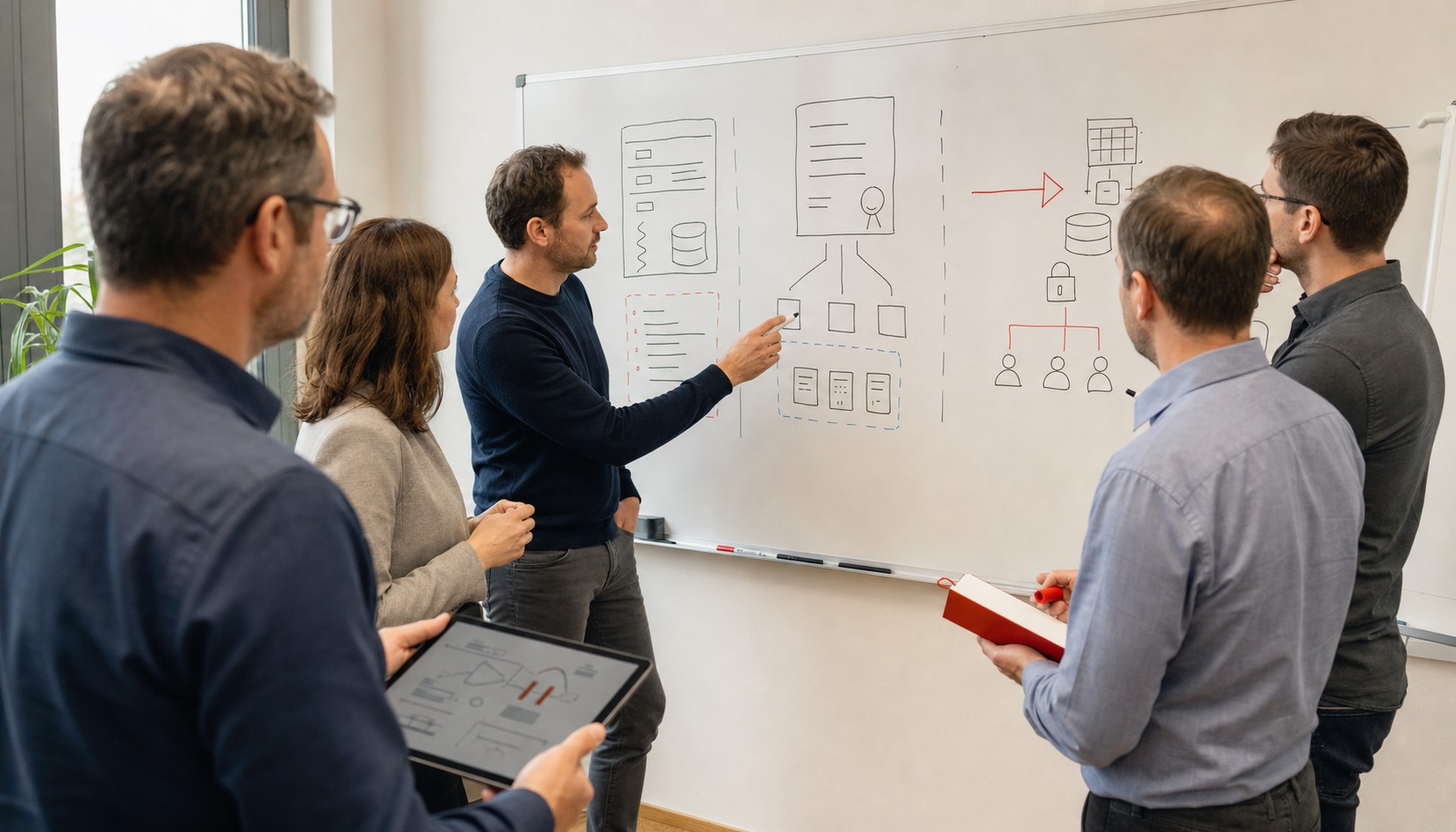 Team bespricht an einem Whiteboard skizzierte Systemdiagramme, Datenbanken und Nutzergruppen.