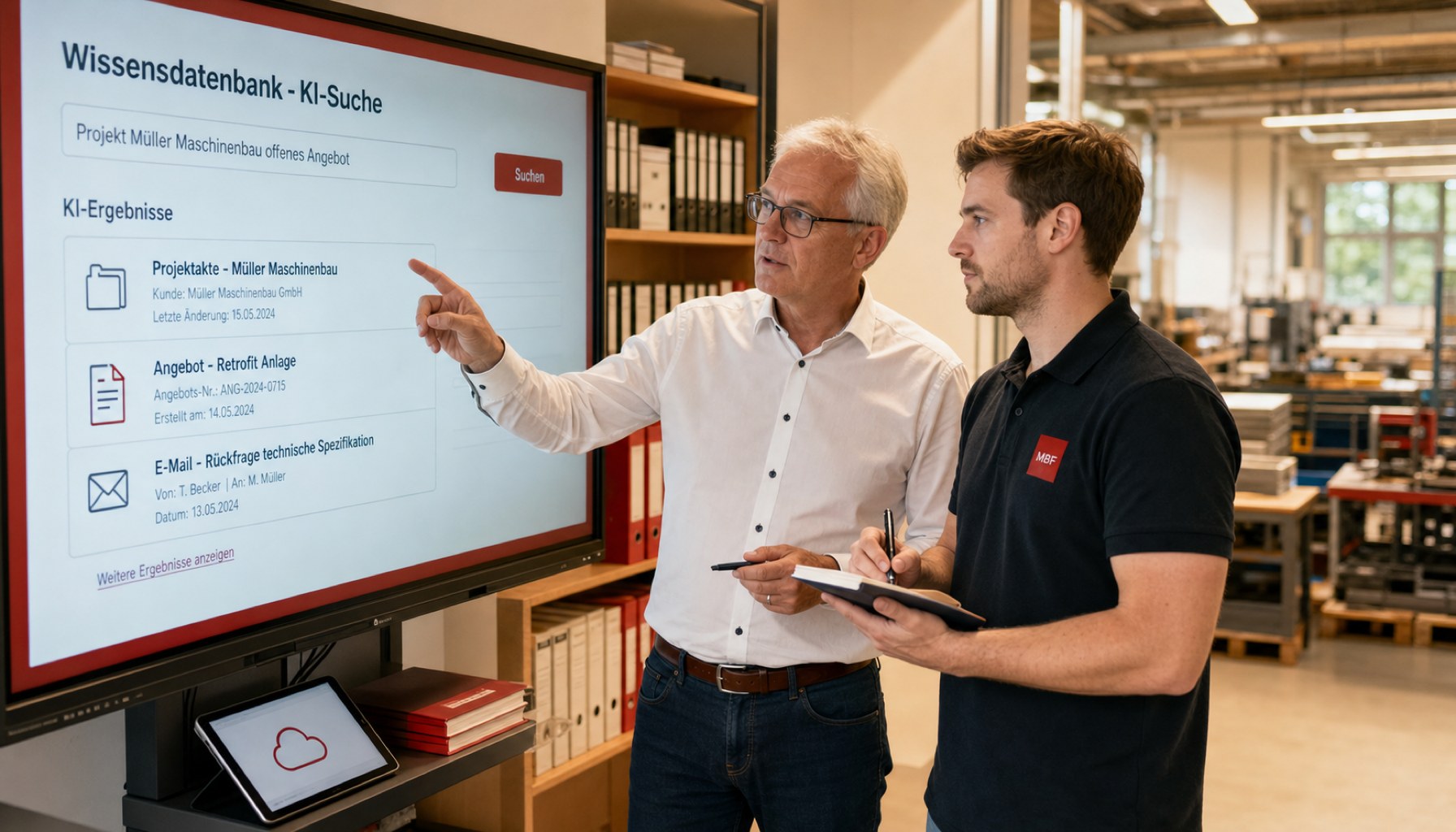 Un entrepreneur transmet son savoir à un collaborateur grâce à une base de connaissances assistée par IA, afin de rendre l'entreprise moins dépendante de son dirigeant.