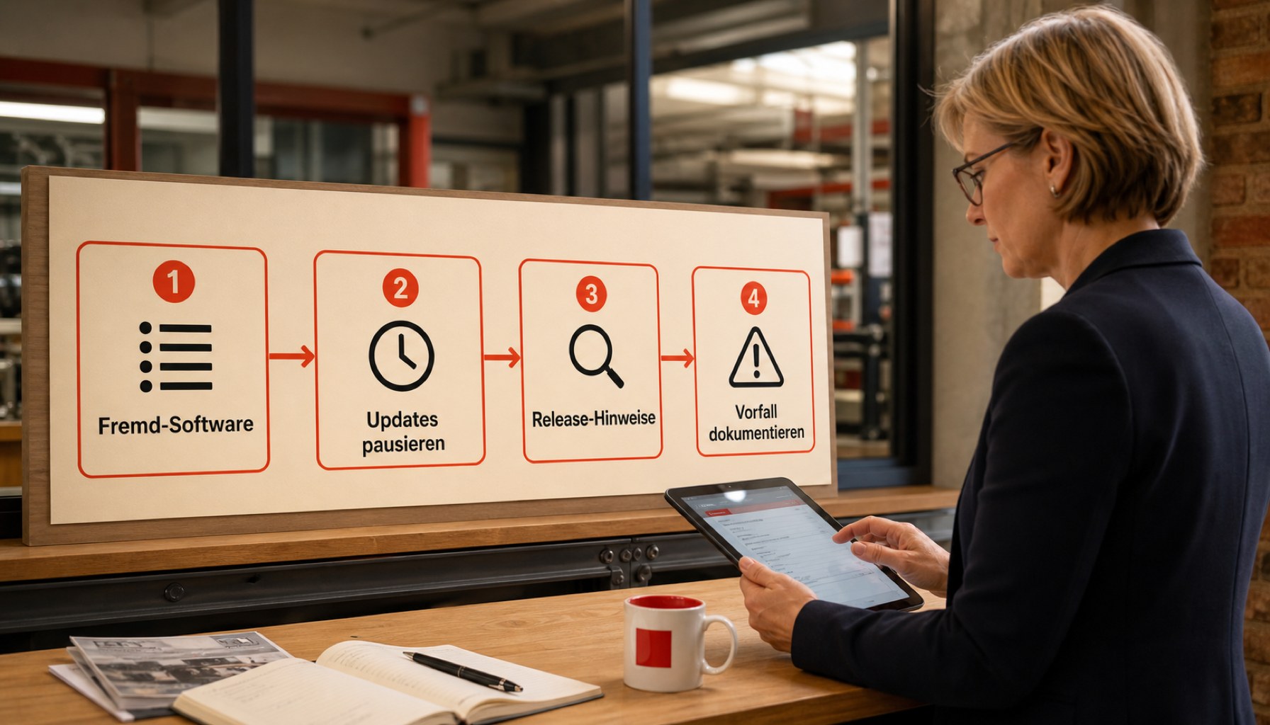 Vier Schritte zur Risikosenkung: Inventar, Update-Pause, Prüfung, Meldung - als Infografik mit Icons und kurzen Labels.