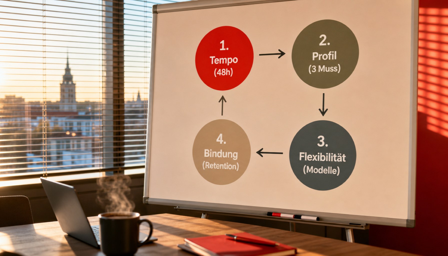 Infografik zeigt vier Hebel gegen Fachkräftemangel: Tempo, Profil, Flexibilität und Bindung als Kreise mit kurzen Labels.