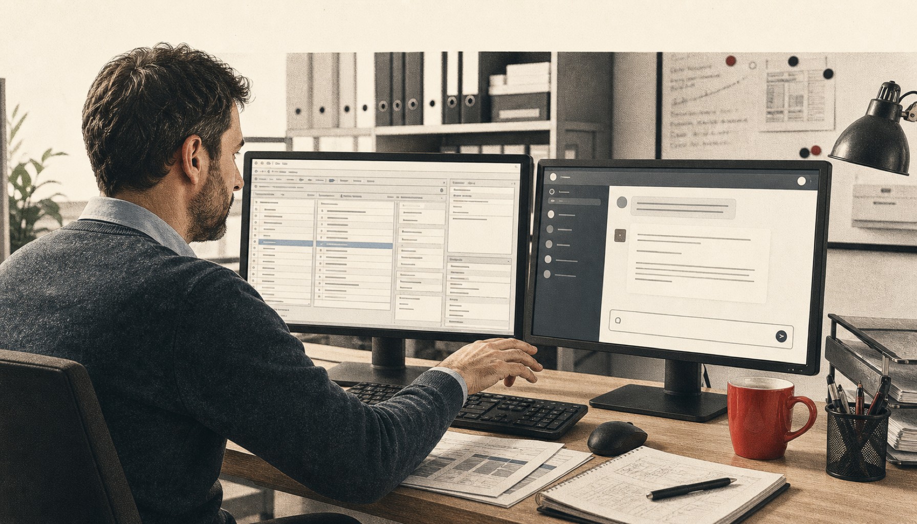 Mann am Schreibtisch mit zwei Monitoren, links Tabellenansicht, rechts Chatfenster, im Büro.