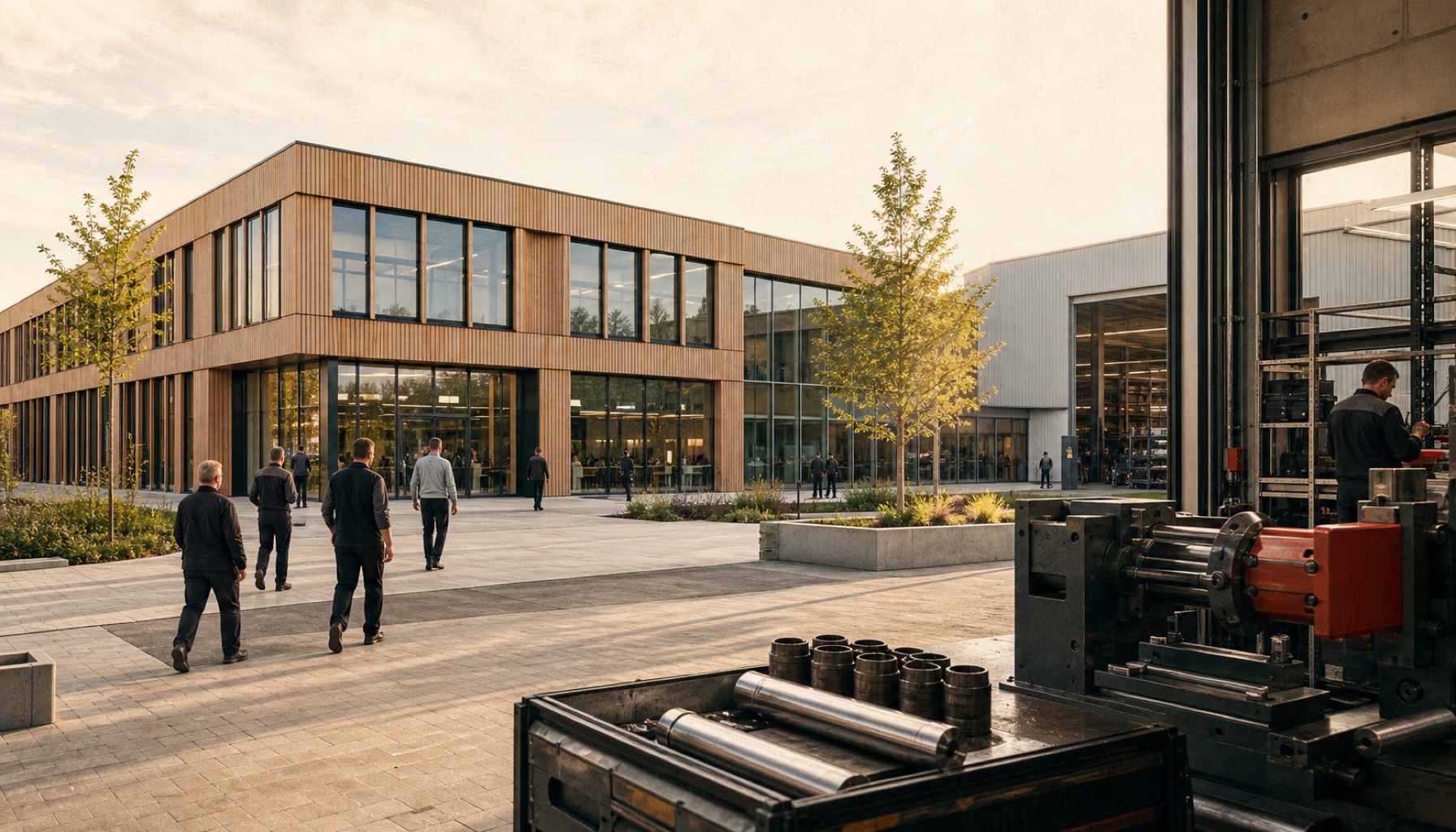 Industriecampus mit Holzfassade, Mitarbeitenden auf dem Hof und Fertigungsmaschine im Vordergrund