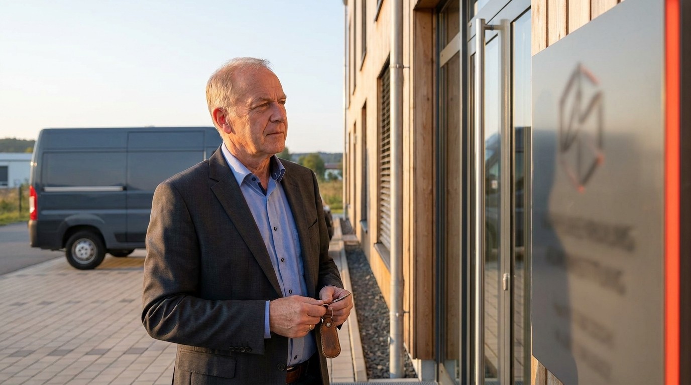 Älterer Unternehmer steht mit Schlüsselbund vor einem Firmengebäude mit Lieferwagen im Hintergrund.