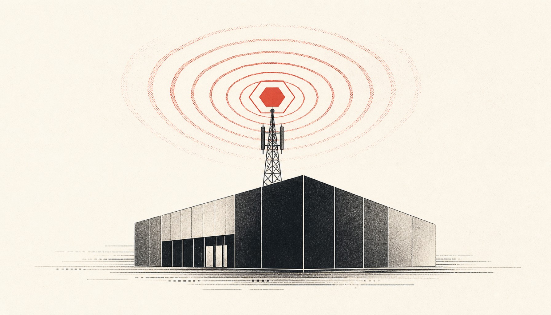 Illustration eines Gebäudes mit Funkmast, roten konzentrischen Signalen und sechseckigem Zielsymbol