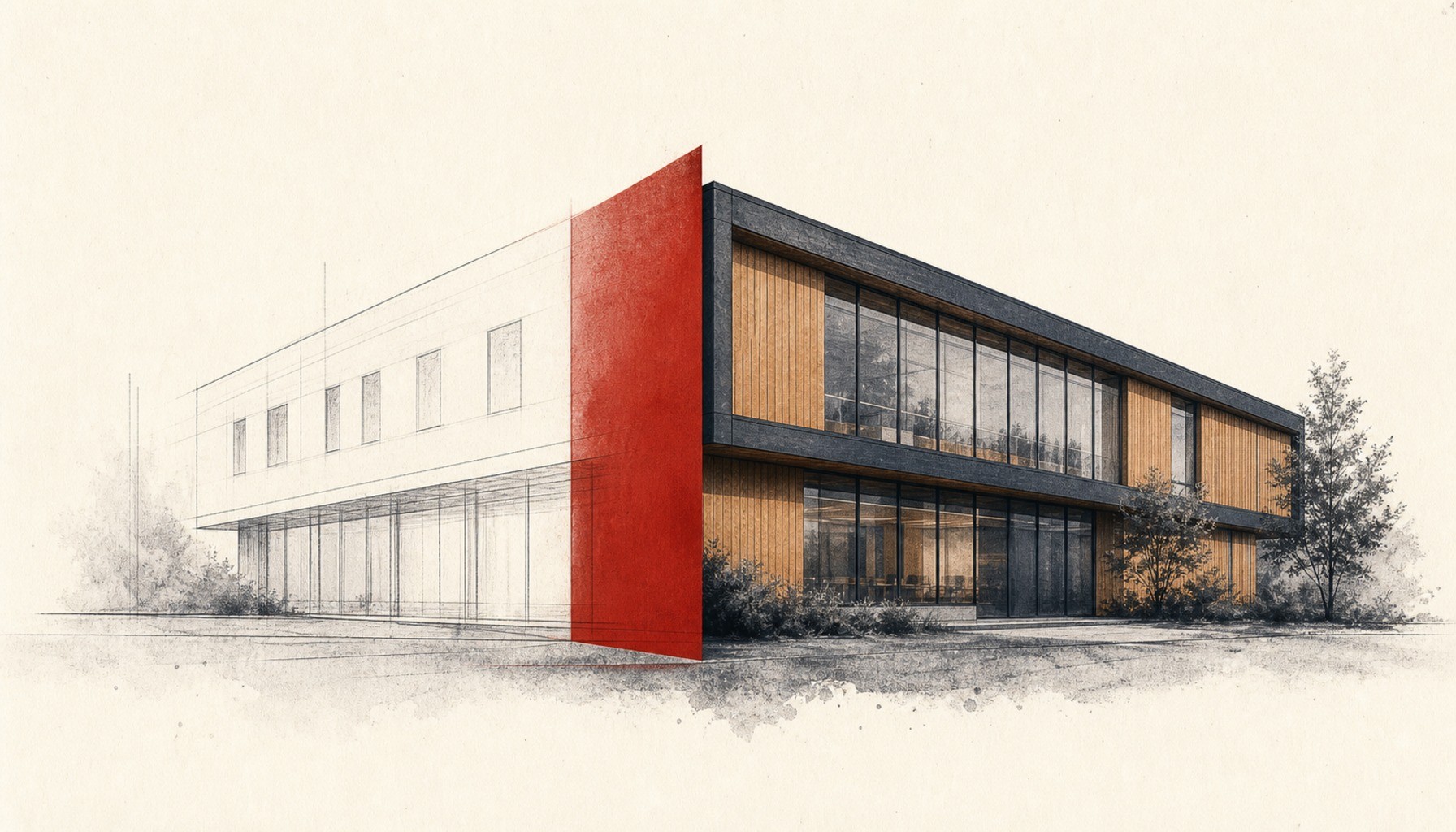 Architekturzeichnung eines zweigeschossigen Gebäudes mit roter Trennwand und ausgeführter Holzfassade