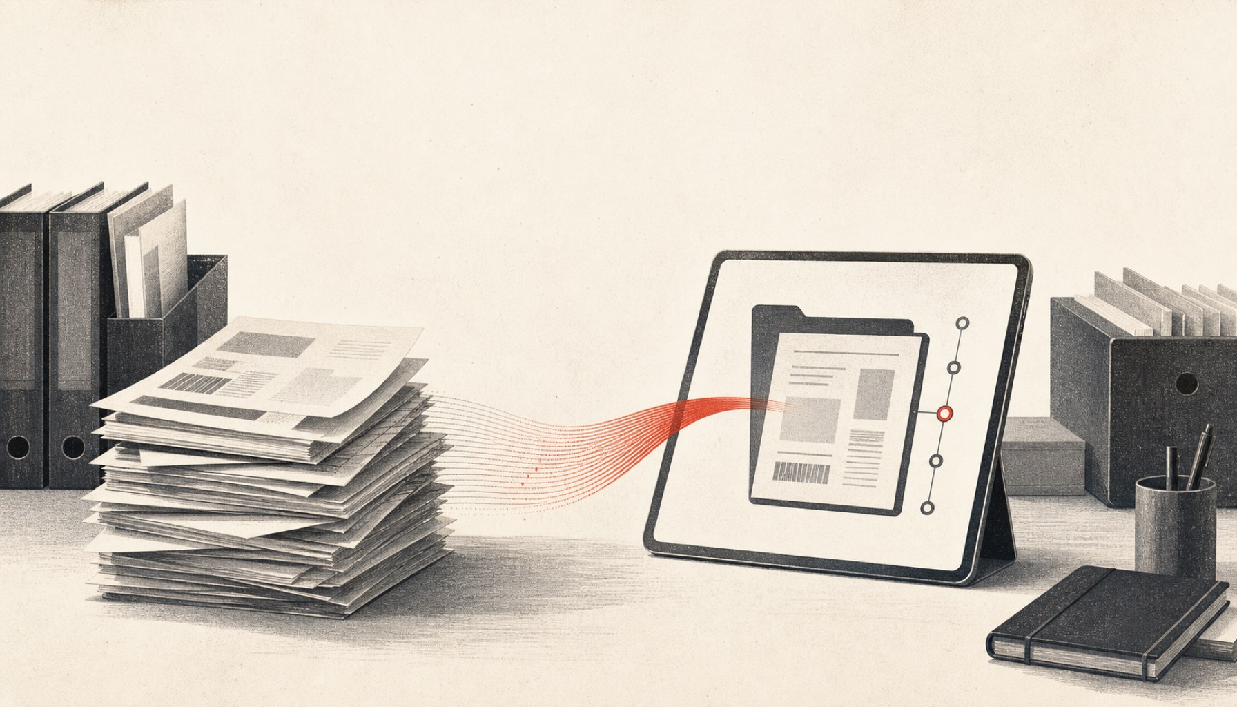 Premium editorial cover for MyBusinessFuture: German bank credit workflow stuck between paper inbox and digital credit file. Warm DACH business setting, banking back office desk with incoming paper do