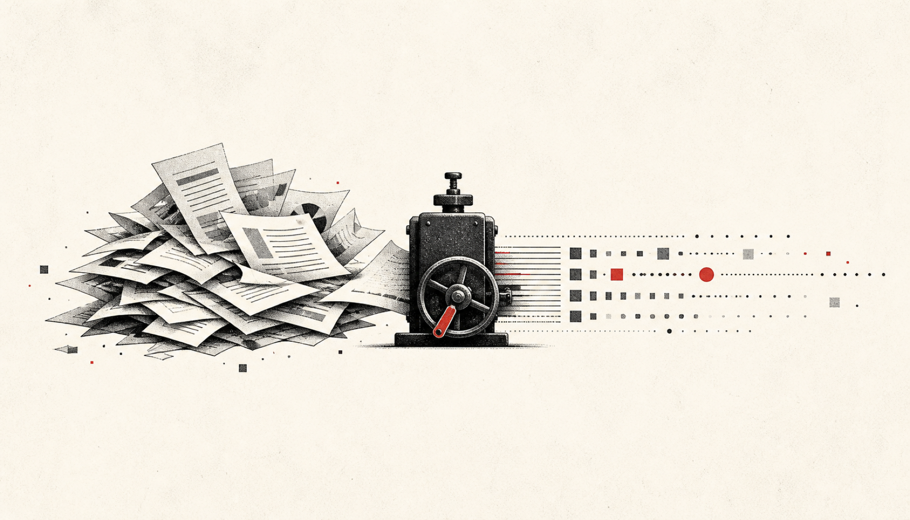 KI-generierte Illustration: ein Stapel Papierdokumente wird über ein maschinelles Element in einen geordneten digitalen Datenstrom überführt, Sinnbild für Back-Office-Automatisierung in Banken.