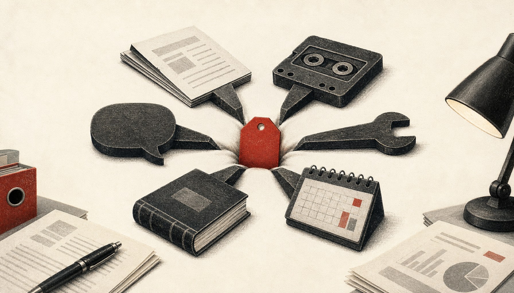 Konzeptuelle MBF-Editorial-Kunst auf warmem Creme-Papier: Ein kleines ziegelrotes Preisschild wird zentral von sechs schweren Ink-Charcoal-Objekt-Icons bedrängt - Vertrag, Datenkassette, Sprechblase,