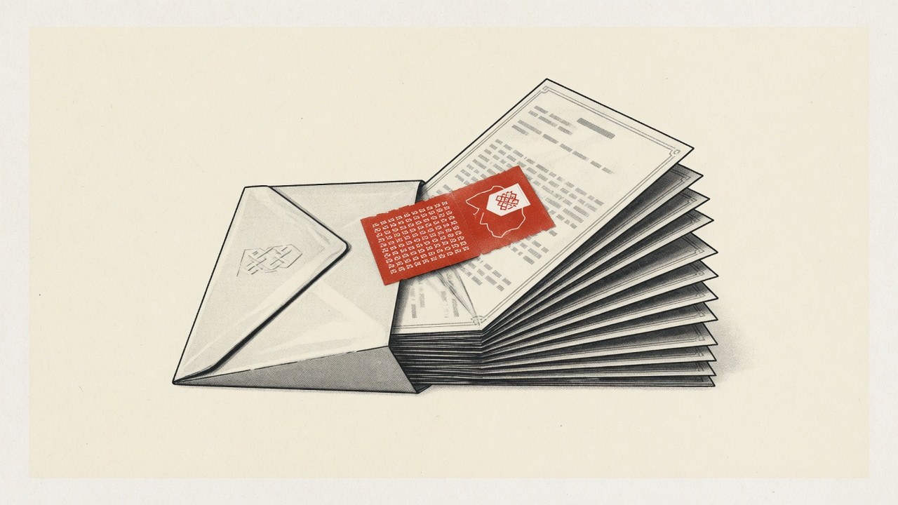 conceptual editorial: sealed envelope becoming a layered document stack with one red stamp mark, warm paper background, charcoal forms, no QR, no text, no people, single metaphor product passport