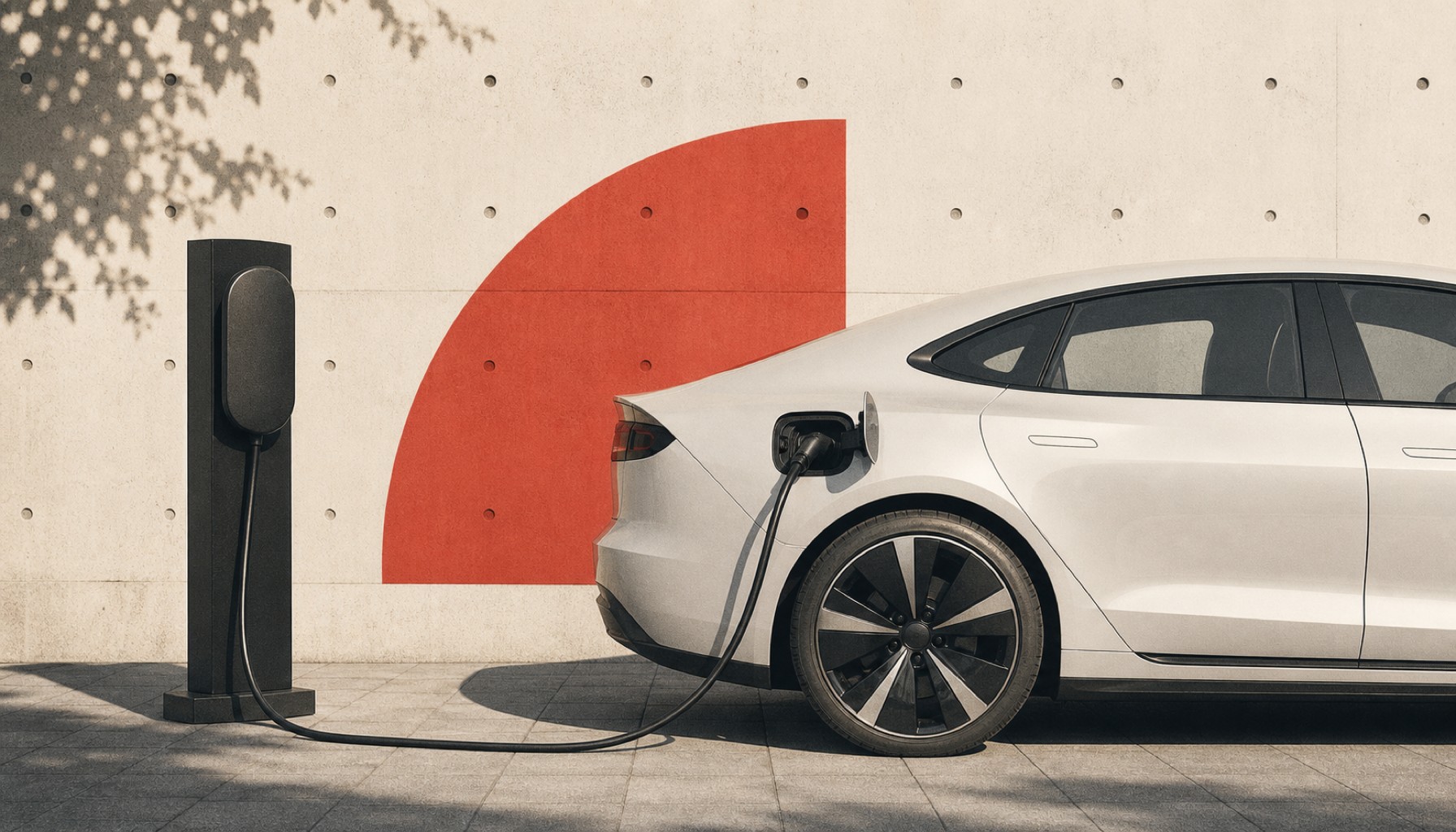 Weißes Elektroauto lädt an schwarzer Ladesäule vor heller Betonwand mit rotem Halbkreis.