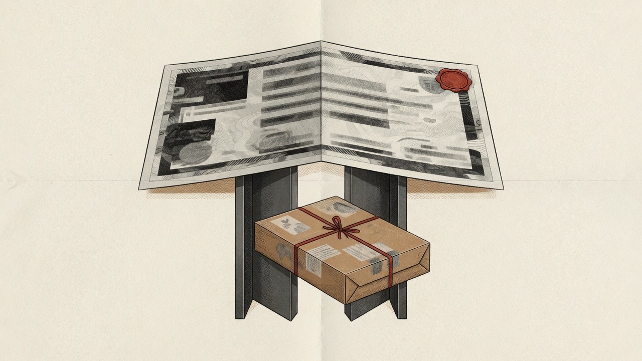 Illustration eines aufgeklappten Dokuments mit rotem Siegel über einem verschnürten Paket auf dunklen Stützen.
