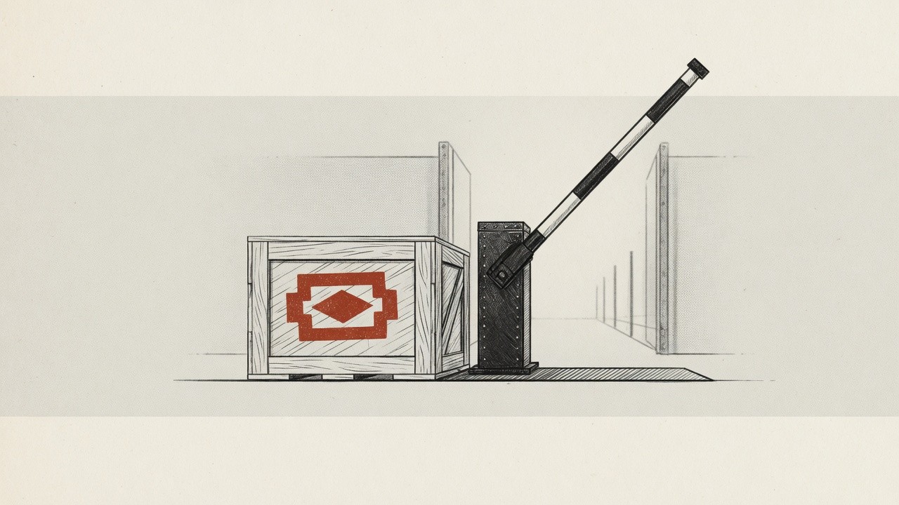Illustration einer Holzkiste mit rotem Batteriesymbol neben einer geöffneten Schranke in einer Halle.