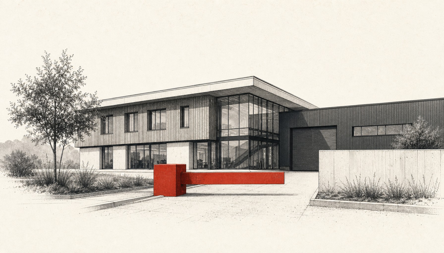 Illustration eines modernen Betriebsgebäudes mit roter Schranke vor dem Eingangsbereich.
