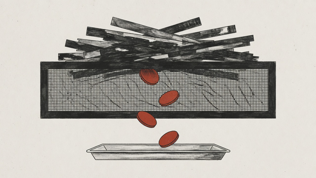 Konzeptuelle Editorial-Kunst auf warmem Creme-Papier: Ein einziges massives Ink-Charcoal-Sieb steht breit im zentralen horizontalen Band; oben stauen sich dunkle CRM-Datenstreifen, unten fallen drei k