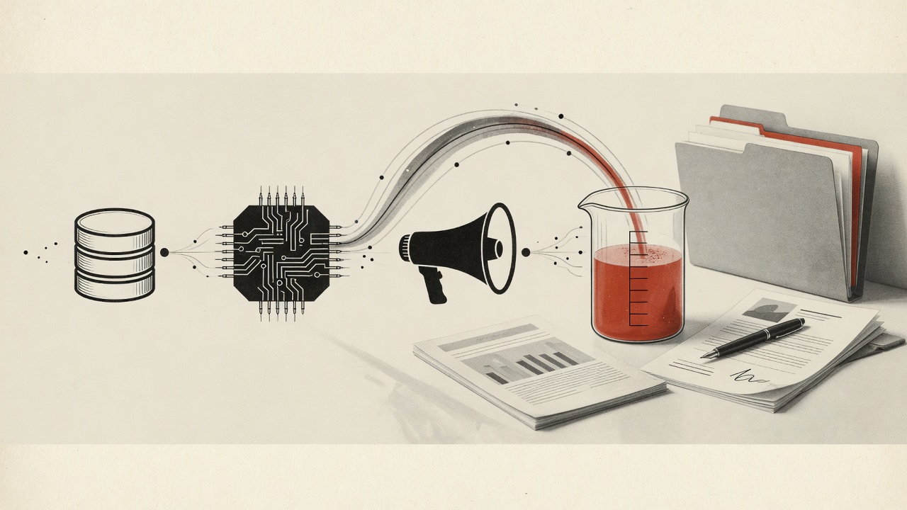 Konzeptuelle Editorial-Kunst im MBF-Stil: Zwei getrennte schwarze Förderbänder mit konkreten Ordner-, Datenbank- und KI-Chip-Icons laufen parallel, während dazwischen ein fehlendes Verbindungsstück li