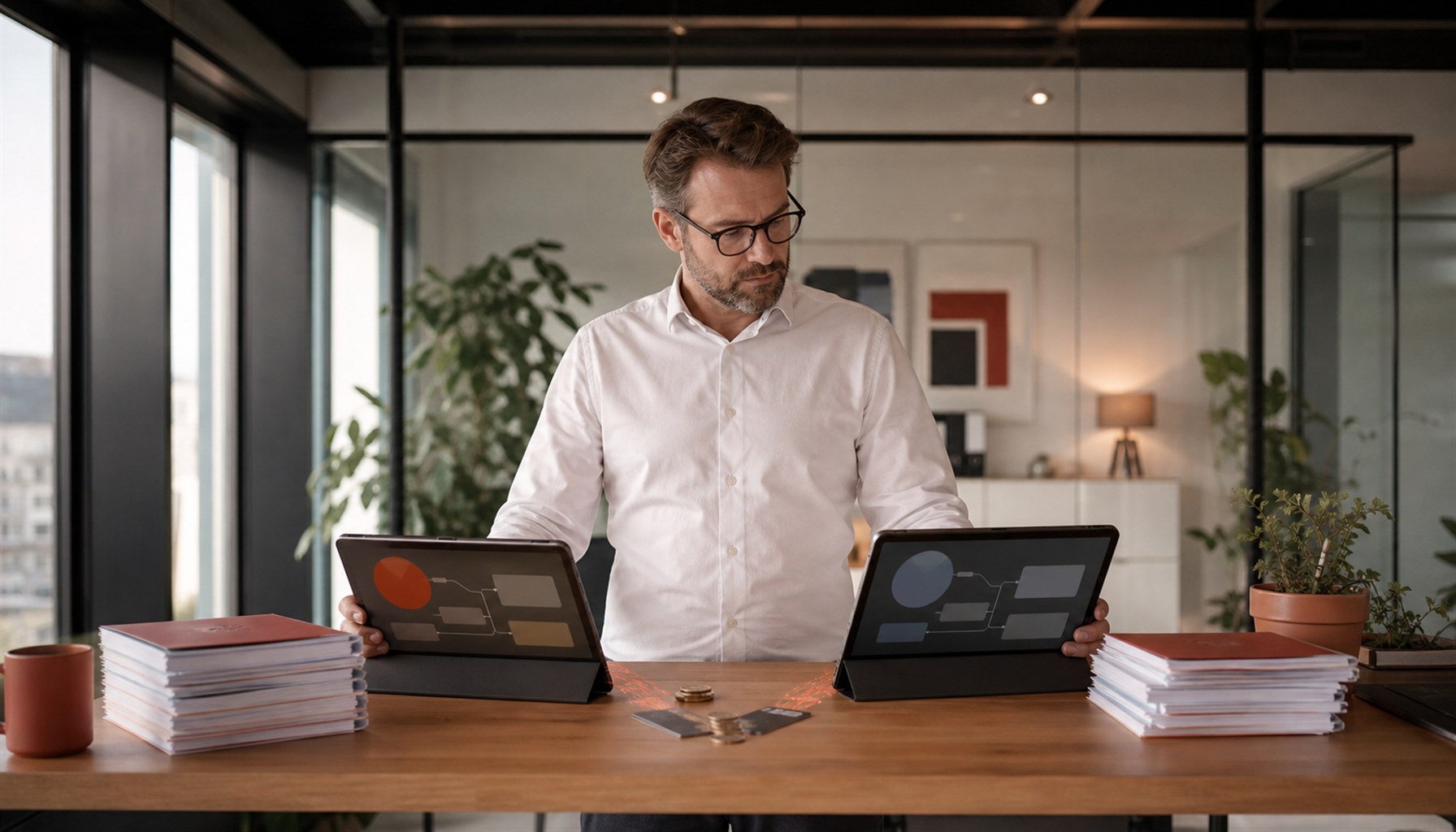 German Mittelstand company paying twice: CRM system and AI licenses running side by side without connection, money quietly leaking, editorial data illustration