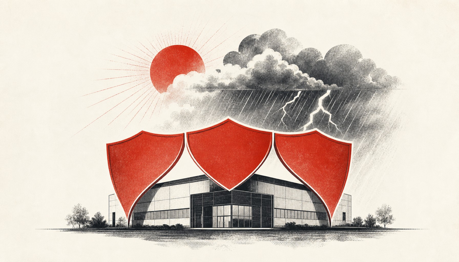 Illustration eines Firmengebäudes mit roten Schutzschilden vor Gewitterwolken, Regen und Sonne