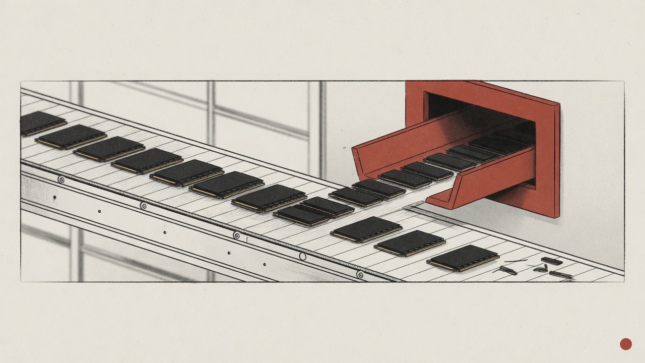 Illustration einer Förderstrecke mit schwarzen Speicherchips, die in eine rote Öffnung geführt werden.