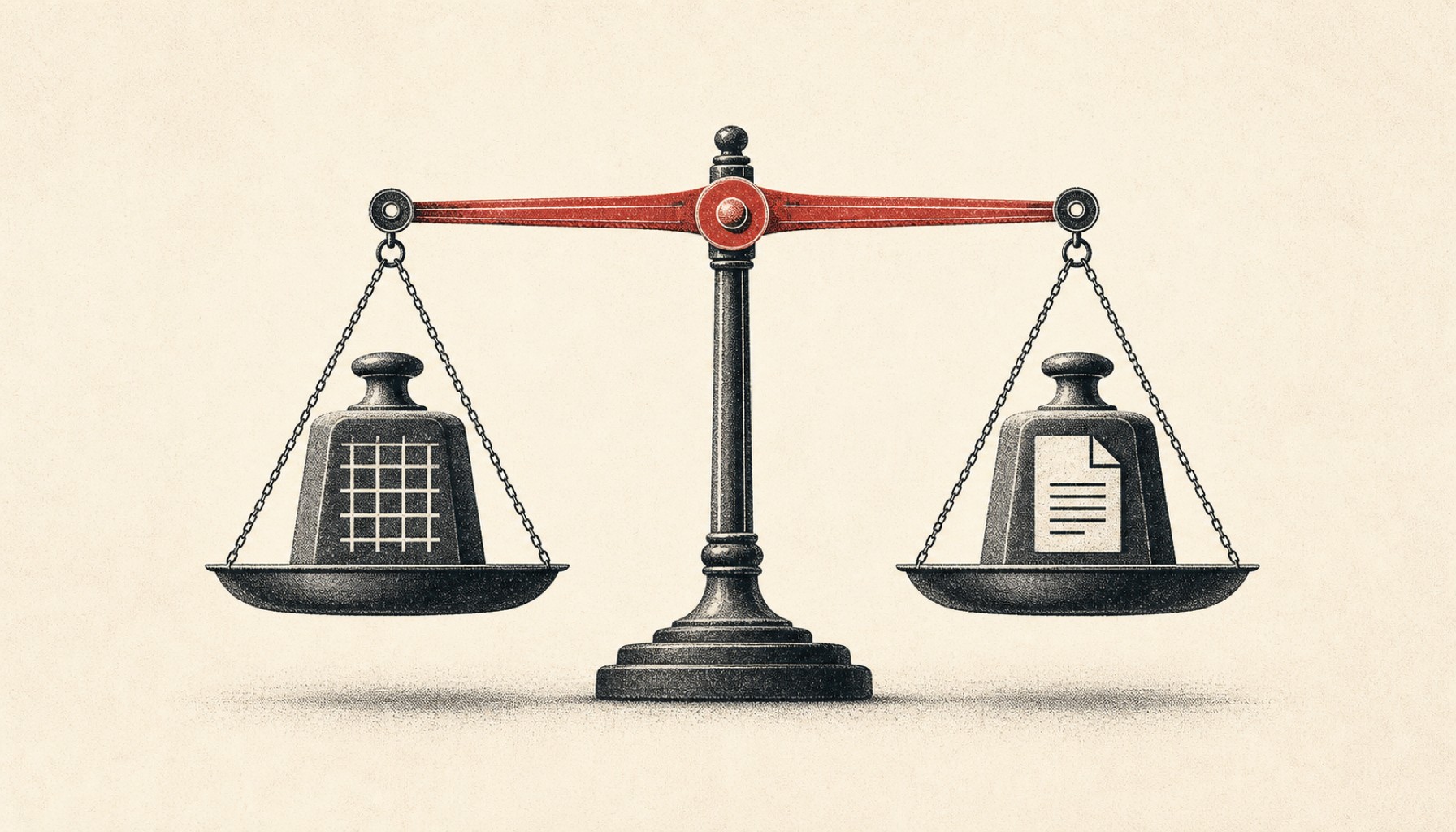 Illustration einer Waage mit rotem Balken, links ein Gewicht mit Raster, rechts ein Gewicht mit Dokument.