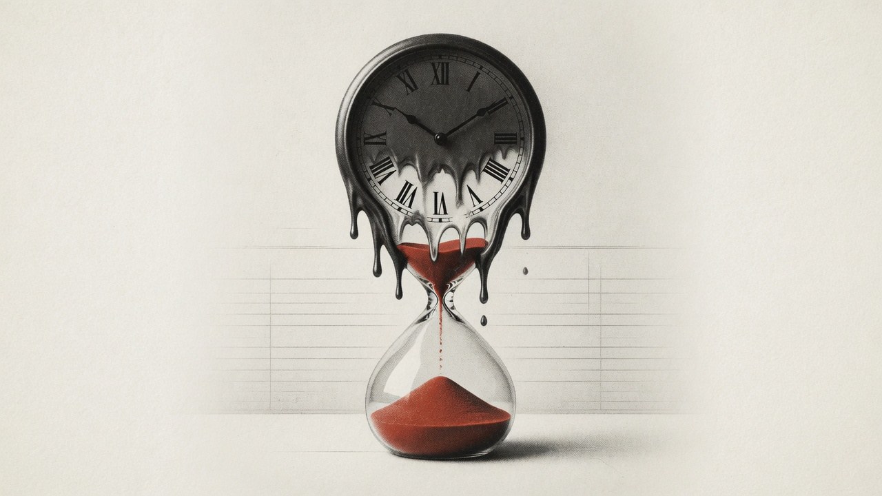 conceptual editorial: analog wall clock melting into a single hourglass of productivity, warm paper, charcoal ink, one brick red accent, no text, no people