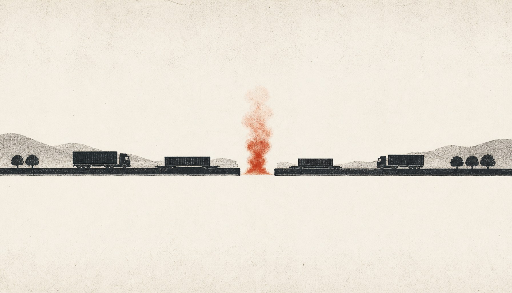 Konzeptuelle Editorial-Kunst im HBR/Economist-Register auf warmem Creme-Papier: im zentralen Horizontalband eine charcoal-schwarze Frachtroute als flache Ink-Silhouette (Straße mit wenigen Containern/