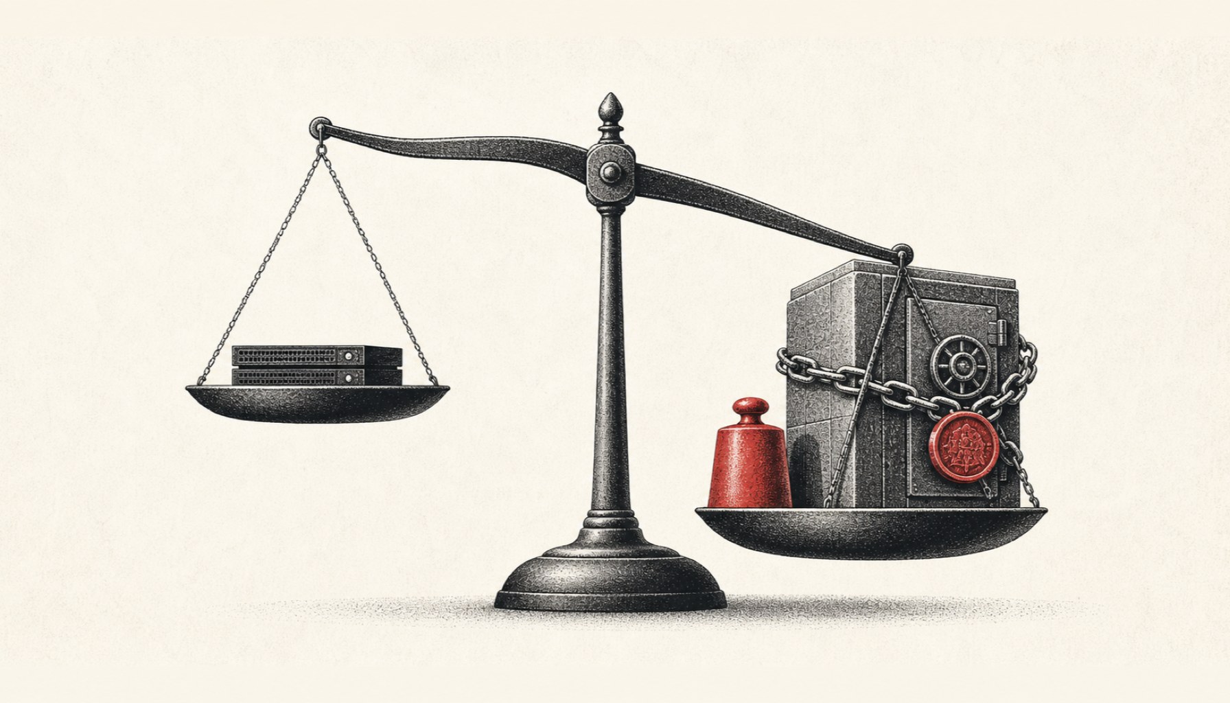 Konzeptuelle Editorial-Kunst auf hellem warmen Creme-Papier mit MBF-Rot #c0392b Akzent im Stil von Harvard Business Review und The Economist: Eine klassische Messwaage in zarten Ink-Charcoal-Formen ze