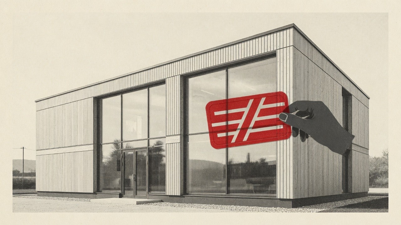 Schwarzweißaufnahme eines modernen Flachbaus; eine schwarze Hand hält ein rotes Schild mit weißem Logo vor die Glasfassade.