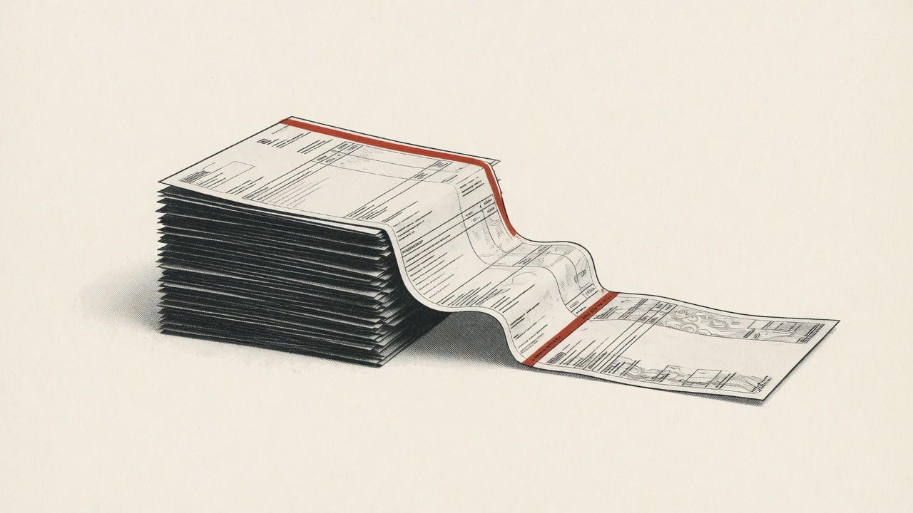 Illustration eines hohen Stapels bedruckter Formulare, aus dem sich ein Blatt mit rotem Rand herausrollt.