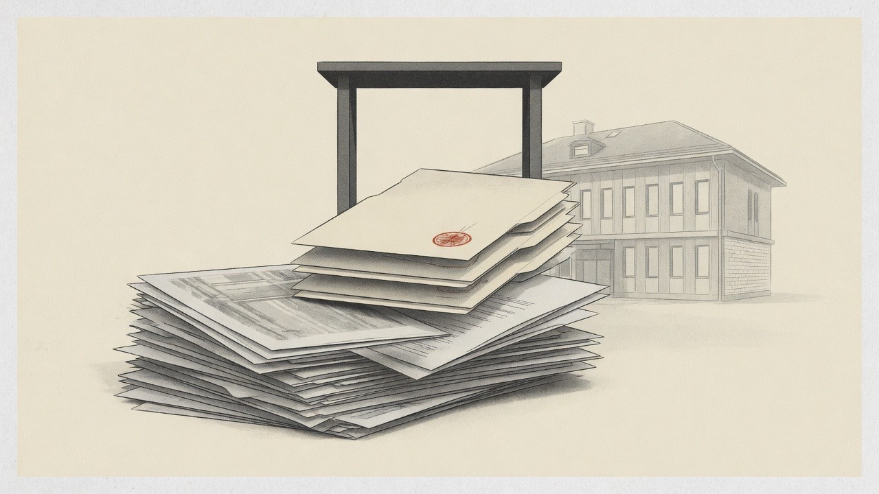 Illustration eines Stapels von Dokumenten mit rotem Stempel vor der Zeichnung eines Bürogebäudes.