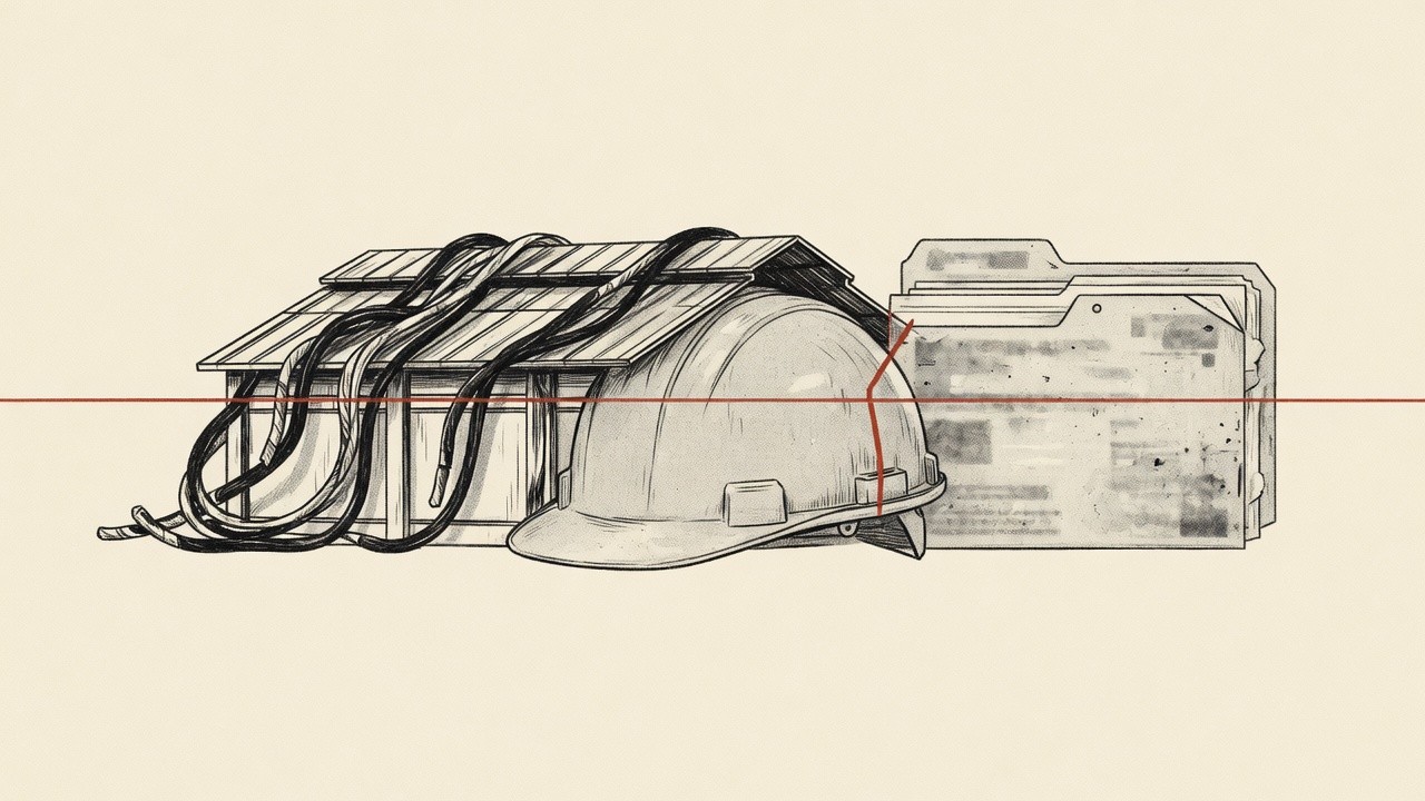 Illustration mit Baugerüst, Leitungen, Schutzhelm und Dokumenten vor hellem Hintergrund.
