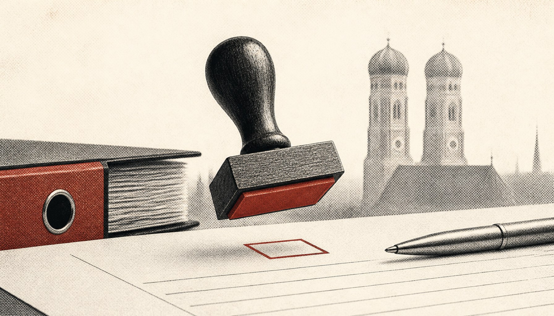 Stempel schwebt über einem leeren Ankreuzfeld, Frauenkirche im Hintergrund.