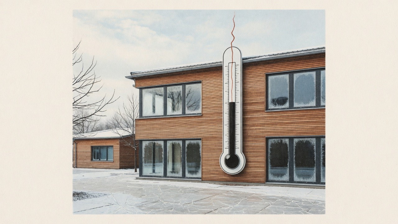 Verschneiter Innenhof eines modernen Holzgebäudes mit großem Thermometer an der Fassade.