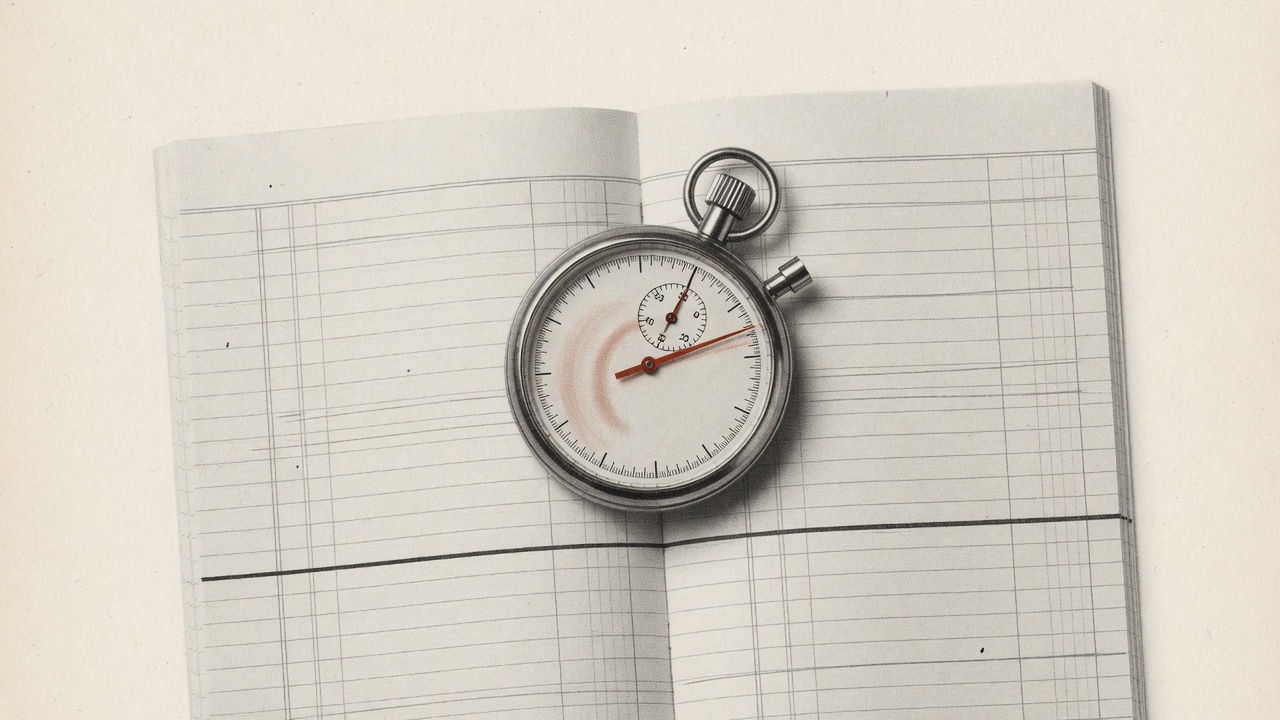 A single analog stopwatch lying on an open paper ledger. The stopwatch hand is racing. The ledger line below is a flat horizontal ink stroke. Warm paper background, subtle warm red accent #c0392b, edi
