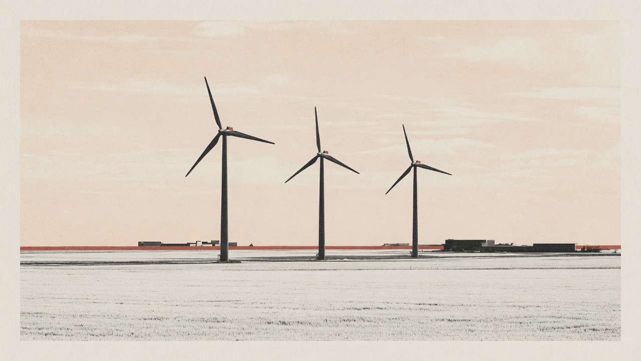 Windräder über flacher Industrielandschaft bei bedecktem Himmel, redaktionell, ohne Menschen, ohne Diagramme