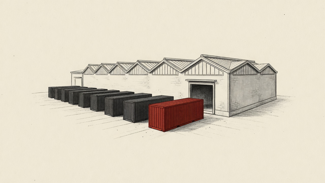 Tuschezeichnung: Vor einer Fabrikhalle mit Sheddach steht eine Reihe Schiffscontainer, der vorderste ist rot